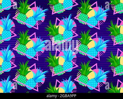 Pineapples and sunset 80s style seamless pattern. Synthwave and retrowave style. Retro futuristic sun. Design for advertising brochures, banner and pr Stock Vector