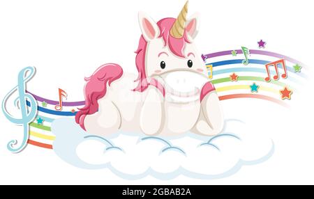 Unicorn laying on the cloud with melody symbols on rainbow wave ...