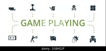 Game Playing icon set. Contains editable icons theme such as sport games, adventures, game over and more. Stock Vector