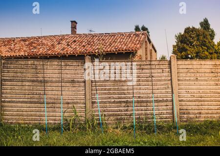 a few fishing rods leaning against the old fence..preparation for the competition. Stock Photo