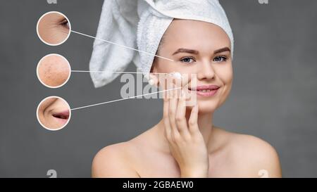 Woman applying moisturizer on face for skin imperfection and wrinkles Stock Photo