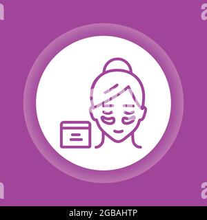 Female with patches under the eyes line color button icon. Skin care. Get rid of wrinkles, puffs, dark circles.Isolated vector element. Outline pictog Stock Vector