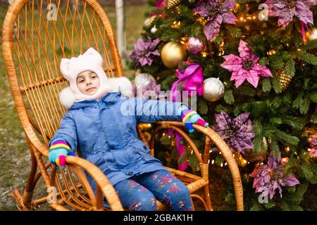 new year's photo zone, a real christmas tree on the street Stock Photo