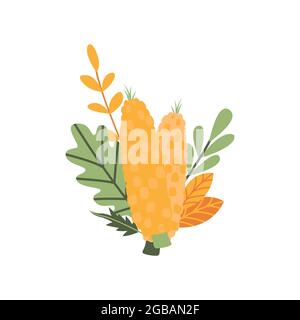Rich bouquet of corn and fallen leaves for card design for harvest day. Traditional autumn farm composition of ripe vegetables. Element or clipart Stock Vector
