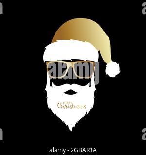 Santa Claus with golden hat and glasses on black background. Christmas illustration. Stock Vector