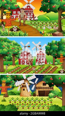 Different farm scenes with old farmer and animal cartoon character illustration Stock Vector