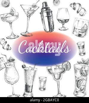 Cocktails and Alcohol Drinks Vector Hand Drawn Illustration. Stock Vector