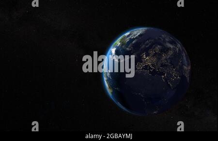 earth planet with city lights in the dark side - 3D rendering - Maps from Nasa Stock Photo