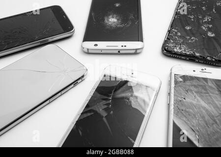 broken phone texture on a white background Stock Photo