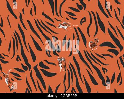 Hand drawn vector abstract stock modern graphic illustrations,safari bohemian contemporary seamless pattern print with animal tiger striped texture in Stock Vector