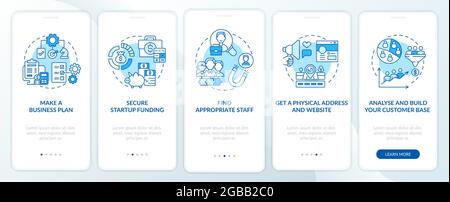 Startup launch steps blue onboarding mobile app page screen Stock Vector