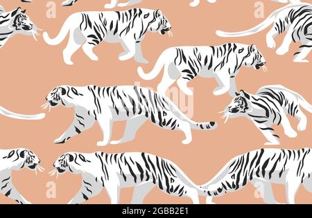 Hand drawn vector abstract stock modern graphic illustrations,safari bohemian contemporary seamless pattern print with exotic wild tigers animals Stock Vector