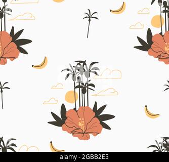 Hand drawn vector abstract stock graphic summer cartoon,minimalistic contemporary style illustrations seamless pattern with boho tropical flower and Stock Vector