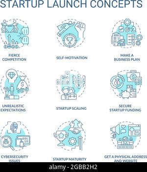 Startup launch blue concept icons set Stock Vector