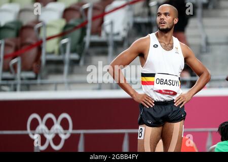 Belgian Michael Obasuyi reacts after the heats of the men's 110m hurdles race at the athletics competition on day 12 of the 'Tokyo 2020 Olympic Games' Stock Photo
