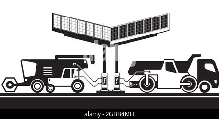 Agricultural and construction machinery at charging station – vector illustration Stock Vector