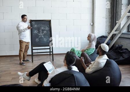 Young confident Muslim businessman standing by blackboard during speech Stock Photo