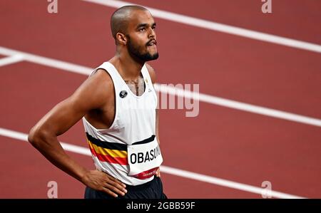 Belgian Michael Obasuyi reacts after the heats of the men's 110m hurdles race at the athletics competition on day 12 of the 'Tokyo 2020 Olympic Games' Stock Photo