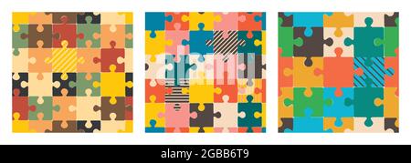 Multicolor puzzles. Set of vector seamless patterns for printing, textiles, paper. Flat trending design. Stock Vector