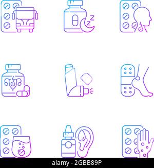 Pharmaceutical drugs gradient linear vector icons set Stock Vector