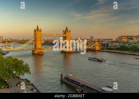 View of Tower Bridge and River Thames from Cheval Three Quays at sunset, London, England, United Kingdom, Europe Stock Photo