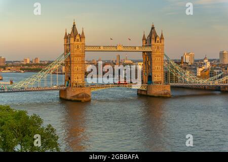View of Tower Bridge and River Thames from Cheval Three Quays at sunset, London, England, United Kingdom, Europe Stock Photo
