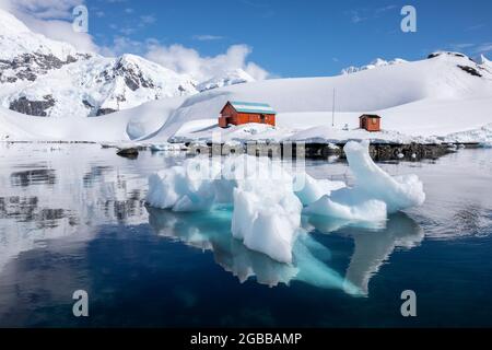The boat house at the Argentine Research Station Base Brown, Paradise Bay, Antarctica, Polar Regions Stock Photo