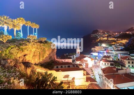 Old town of Camara de Lobos and cliffs at dusk, Madeira island, Portugal, Atlantic, Europe Stock Photo