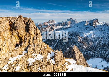 First World War rock tunnels on Mount Lagazuoi with Pelmo and Nuvolau peaks on background, aerial view, Natural Park of the Ampezzo Dolomites, Italy Stock Photo