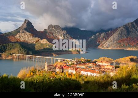 Riano cityscape at sunrise with mountain range landscape during autumn in Picos de Europa National Park, Leon, Spain, Europe Stock Photo