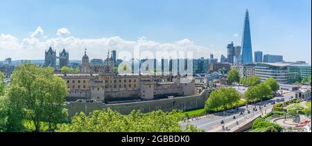 View of The Shard and Tower of London from rooftop bar, London, England, United Kingdom, Europe Stock Photo