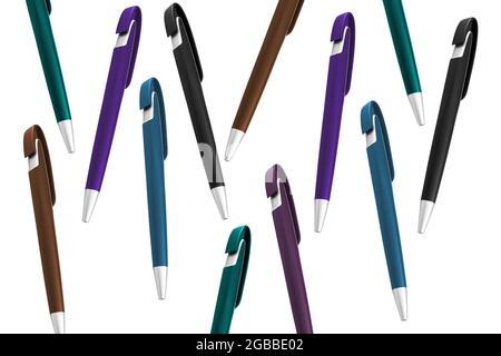 texture of multi-colored ballpoint pens on an isolated white background Stock Photo