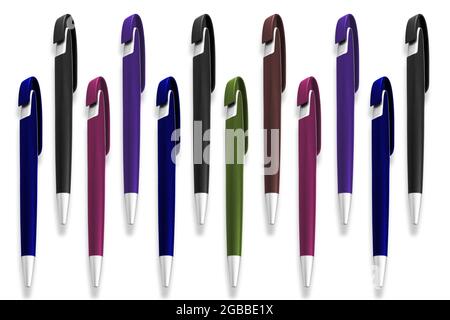 texture of multi-colored ballpoint pens on an isolated white background Stock Photo