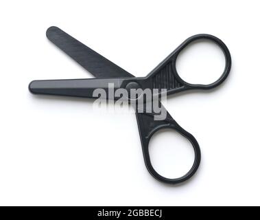 Top view of black plastic safety scissors isolated on white Stock Photo