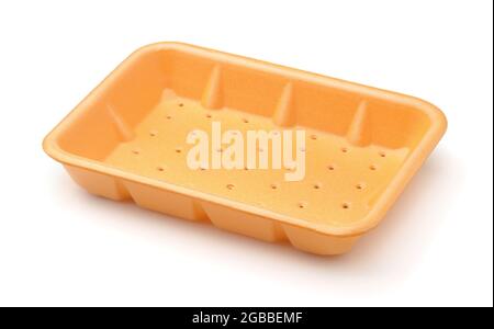 Empty orange disposable styrofoam food tray isolated on white Stock Photo