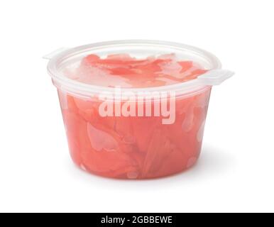 Sliced pickled sushi ginger in disposable plastic cup isolated on white Stock Photo