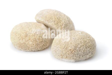 Three frozen round uncooked fish cakes isolated on white Stock Photo