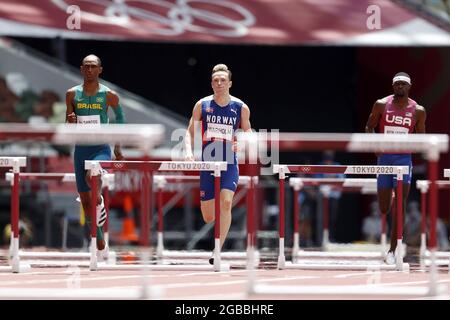 Alison dos SANTOS (BRA) 3rd place Bronze Medal, Karsten WARHOLM (NOR) Winner Gold Medal, Rai BENJAMIN (USA) 2nd place Silver Medal during the Olympic Games Tokyo 2020, Athletics Men's 400m Hurdles Final on August 3, 2021 at Tokyo Olympic Stadium in Tokyo, Japan - Photo Photo Kishimoto / DPPI Stock Photo