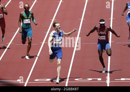 Alison dos SANTOS (BRA) 3rd place Bronze Medal, Karsten WARHOLM (NOR) Winner Gold Medal, Rai BENJAMIN (USA) 2nd place Silver Medal during the Olympic Games Tokyo 2020, Athletics Men's 400m Hurdles Final on August 3, 2021 at Tokyo Olympic Stadium in Tokyo, Japan - Photo Yuya Nagase / Photo Kishimoto / DPPI Stock Photo