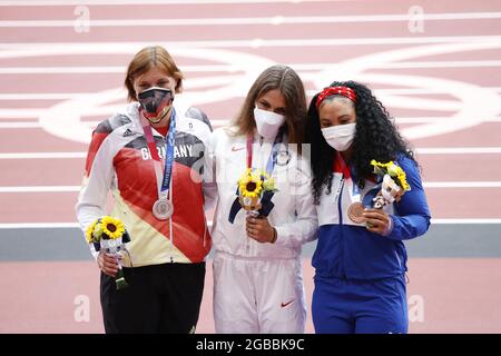 PUDENZ Kristin (GER) 2nd Silver Medal, ALLMAN Valarie (USA) Winner Gold Medal, PEREZ Yaime (CUB) 3rd Bronze Medal during the Olympic Games Tokyo 2020, Athletics Women's Discus Throw Medal Ceremony on August 3, 2021 at Tokyo Olympic Stadium in Tokyo, Japan - Photo Yuya Nagase / Photo Kishimoto / DPPI Stock Photo