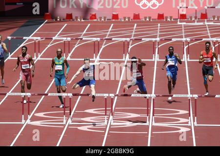 Alison dos SANTOS (BRA) 3rd place Bronze Medal, Karsten WARHOLM (NOR) Winner Gold Medal, Rai BENJAMIN (USA) 2nd place Silver Medal during the Olympic Games Tokyo 2020, Athletics Men's 400m Hurdles Final on August 3, 2021 at Tokyo Olympic Stadium in Tokyo, Japan - Photo Yuya Nagase / Photo Kishimoto / DPPI Stock Photo