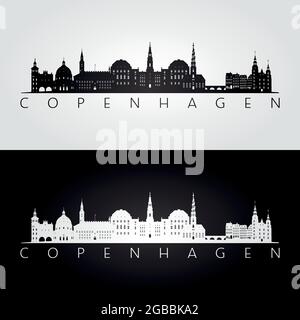Copenhagen skyline and landmarks silhouette, black and white design, vector illustration. Stock Vector