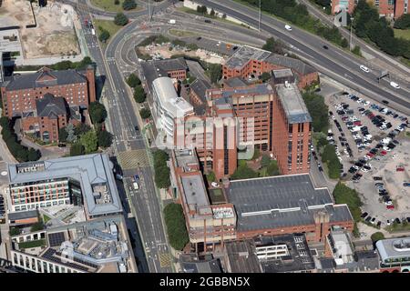aerial view of Castle House, a corporate office block in Leeds, and in the foreground: Wellington Street Multi Storey Car Park Stock Photo