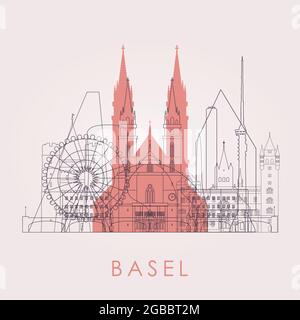 Outline Basel skyline with landmarks. Vector illustration. Business travel and tourism concept with historic buildings. Image for presentation, banner Stock Vector