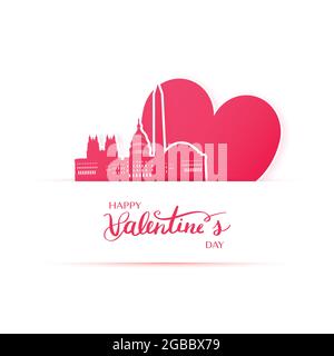 Red heart and silhouette of Washington city, paper stickers. Valentine card in paper art style. Stock Vector