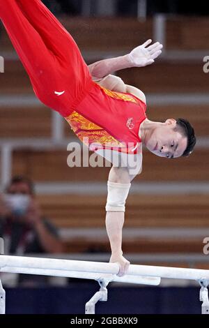 Jingyuan Zou, of China, performs on the parallel bars during the men's Artistic Gymnastics Individual Apparatus final at the Ariake Gymnastics Centre at the Tokyo Olympic Games in Tokyo, Japan, on Tuesday, August 3, 2021. Jingyuan Zou, of China, won gold, Lukas Dauser, of Germany, the silver and Ferhat Arican, of Turkey, the bronze. Photo by Richard Ellis/UPI Stock Photo