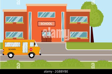 School building in cartoon style. Modern school with a bus and a front yard. Stock Vector