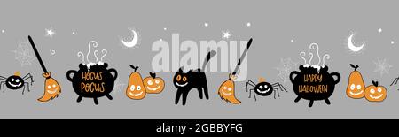 Cute hand drawn Halloween seamless pattern, spooky design, great for textiles, wrappers, cards, invitations, banners, wallpapers - vector design Stock Vector