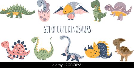 A set of illustrations of cute funny dinosaurs in the Scandinavian style. Jurassic animals. Prints for children s T-shirts or books. Isolated objects Stock Vector