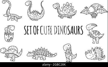 A set of illustrations of cute funny dinosaurs in the doodle style. Jurassic animals. Outline icons on the white background. Coloring pages for kids a Stock Vector